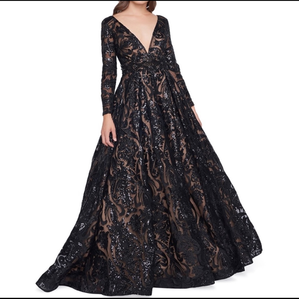 LONG SLEEVE V-NECK EMBROIDERED BALLGOWN